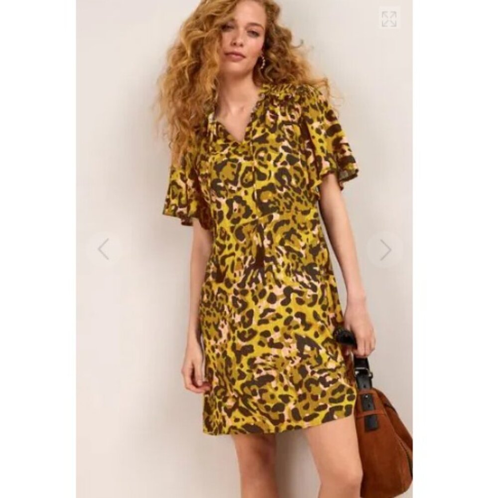 Next Angel Sleeve Leopard Print Mini Dress, Green Multi | Size 8 (UK 12)